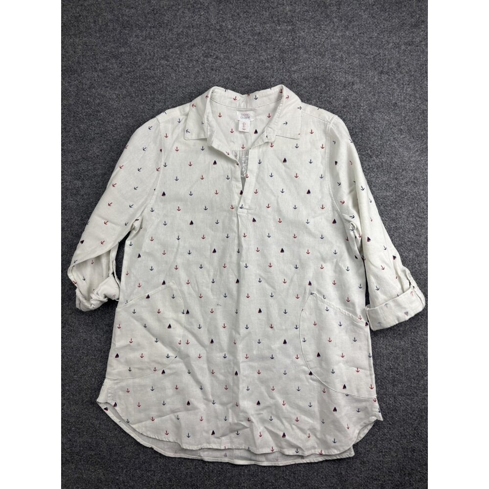 Sigrid Olsen Shirt Womens Large White Linen Blend Nautical Tunic Top